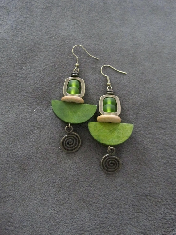 Green wooden statement earrings