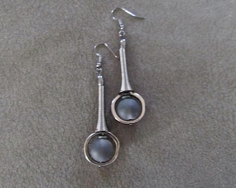Mid century modern earrings gray frosted glass and gunmetal earrings