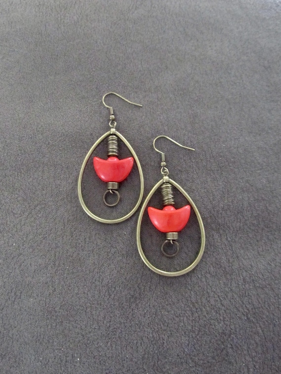 Bronze hoop and orange howlite earrings