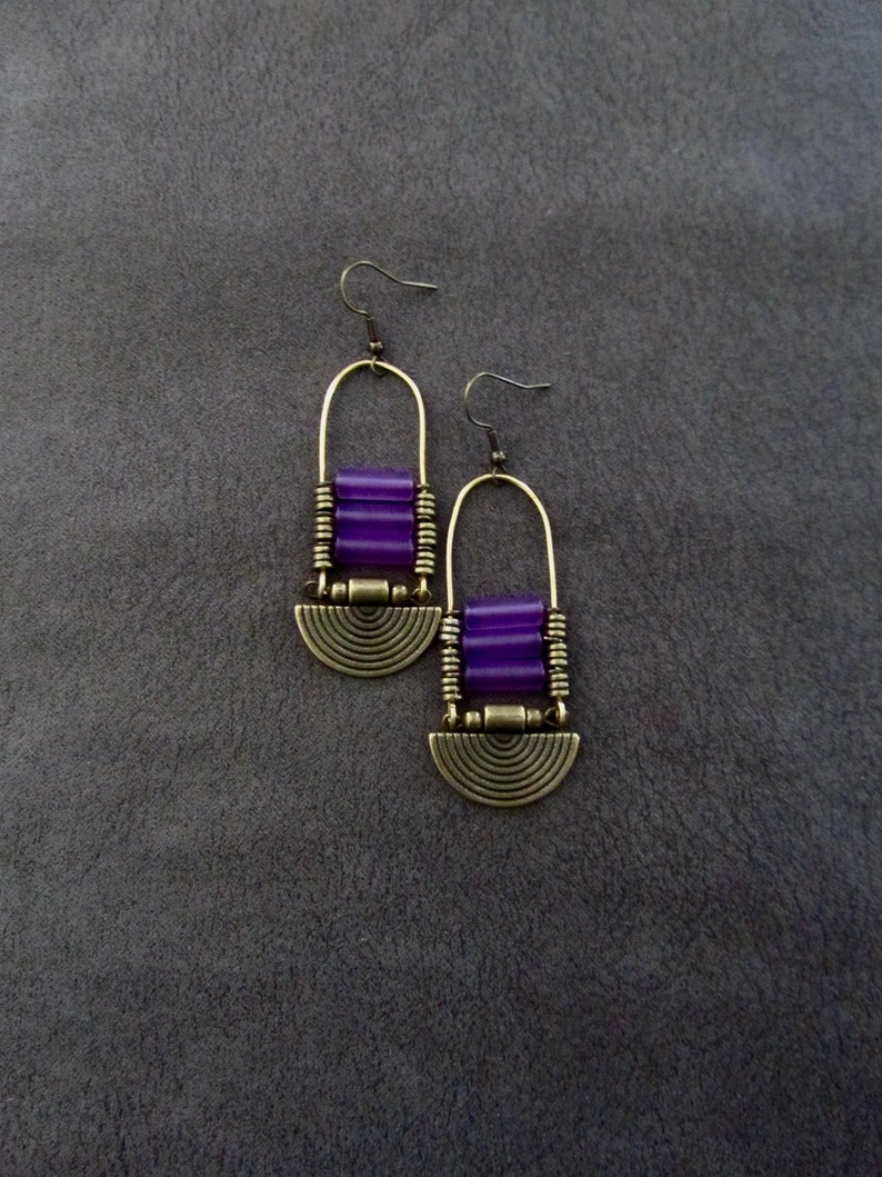 Purple frosted glass chandelier earrings, statement earrings, bold earrings, etched metal earrings, tribal ethnic earrings, chic image 1