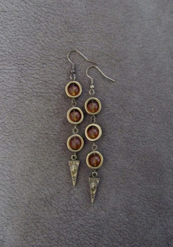 Orange frosted glass earrings, geometric earrings, artisan bronze