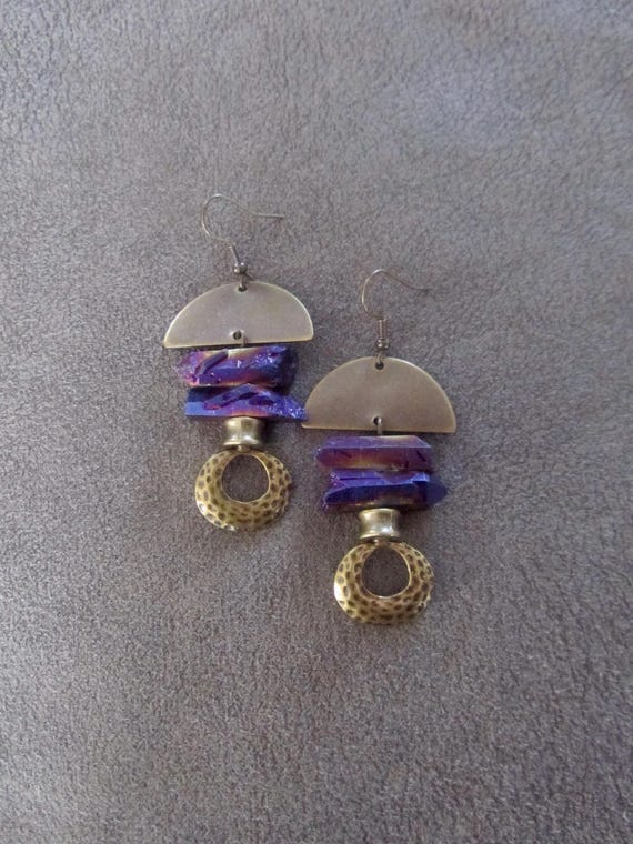 Raw quartz crystal earrings, purple and bronze