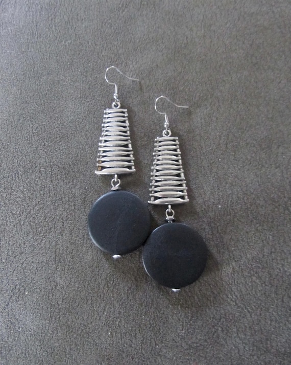 Mid century modern black wood and silver earrings