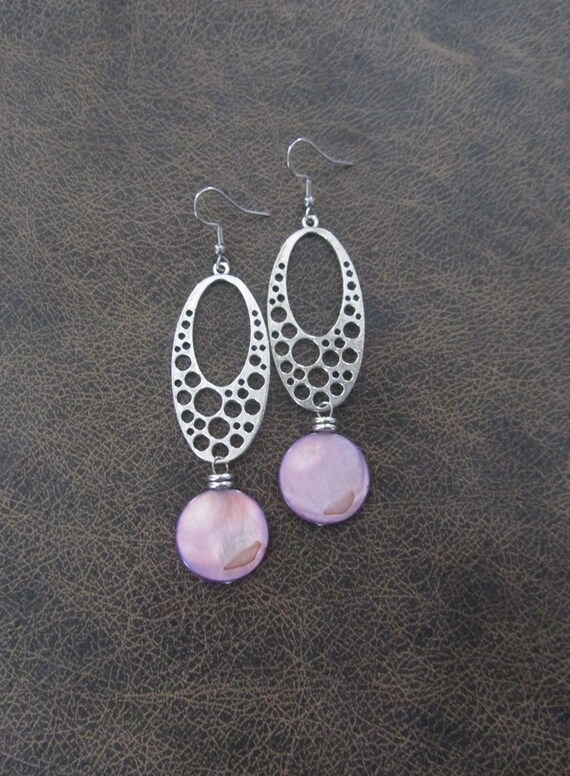 Pink midcentury modern mother of pearl shell earrings