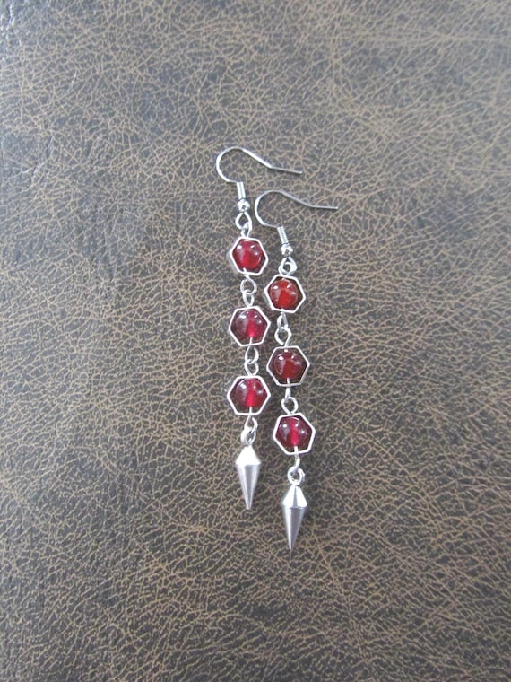 Silver and red agate geometric hexagon earrings