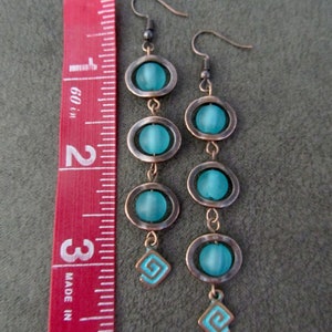Long teal frosted glass and copper earrings image 2