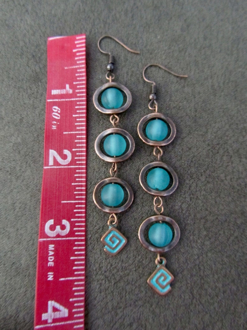 Long teal frosted glass and copper earrings image 2