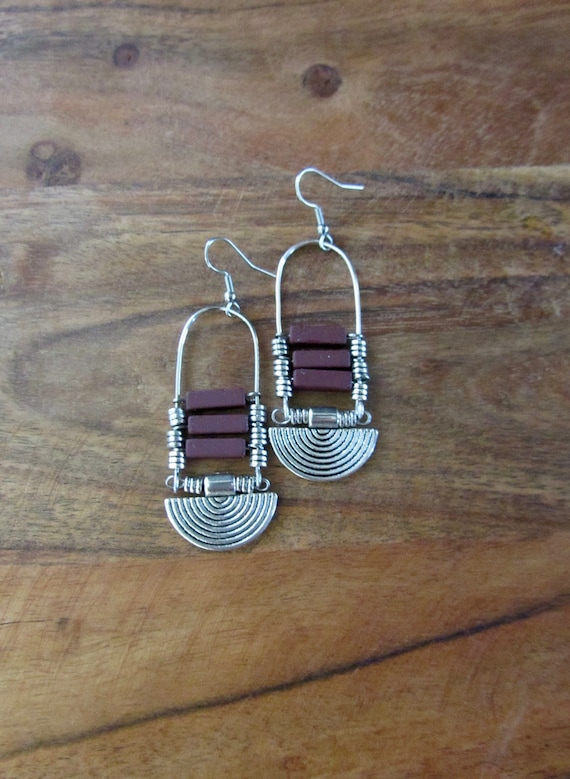 Burgundy and silver ethnic earrings