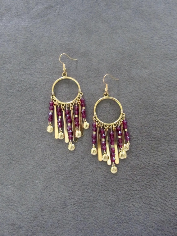 Crystal chandelier earrings, red and gold earrings