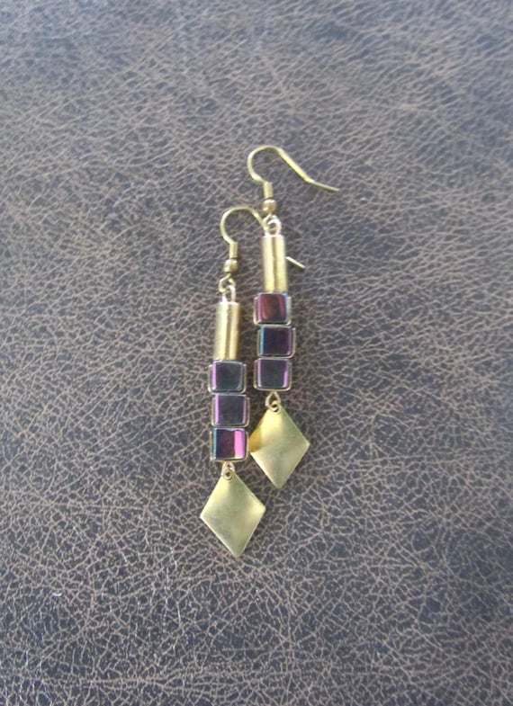 Brass mid century modern hematite earrings multicolor