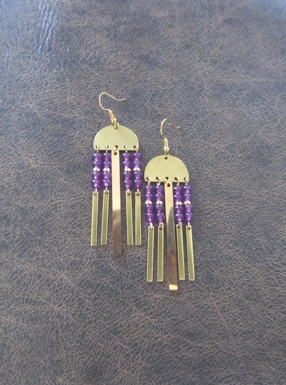 Purple seed bead and brass earrings