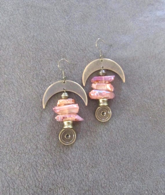 Raw quartz crystal earrings, peach