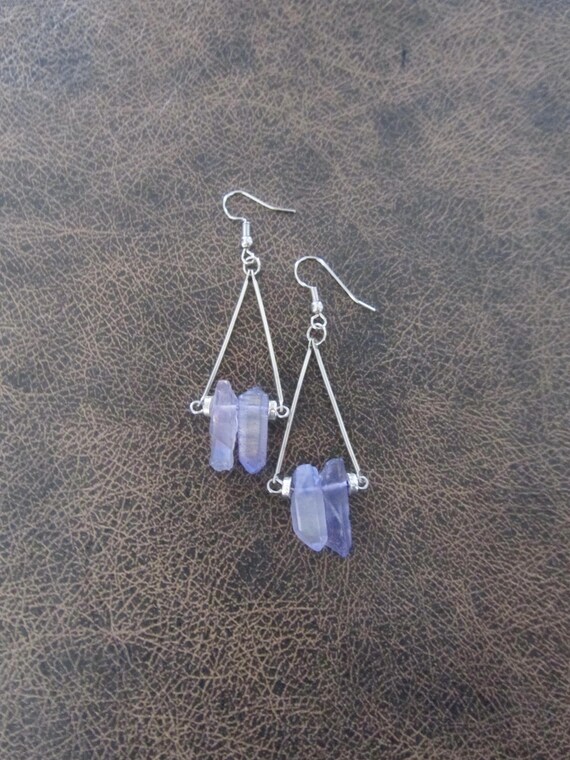 Raw quartz purple crystal earrings, rustic boho chic earrings, unique geode, silver