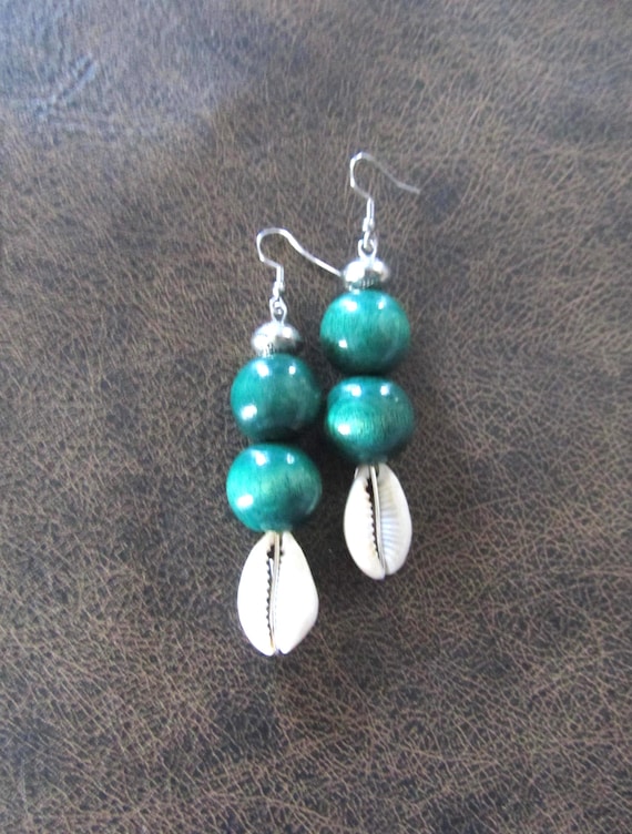 Cowrie shell and wooden geometric earrings, teal