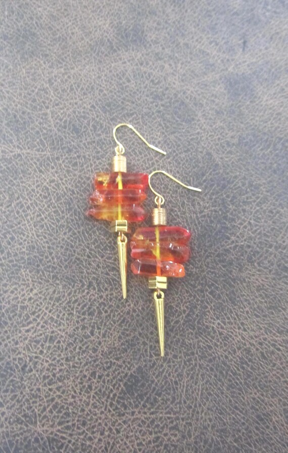 Raw quartz crystal earrings, orange 33
