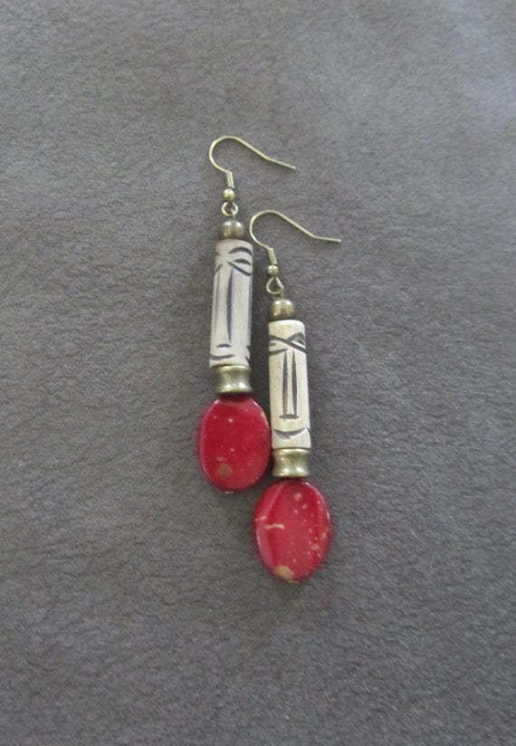 African mask carved bone primitive earrings, red