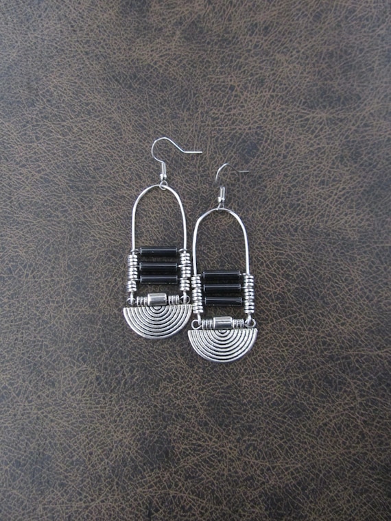 Modern chandelier earrings, hematite and silver