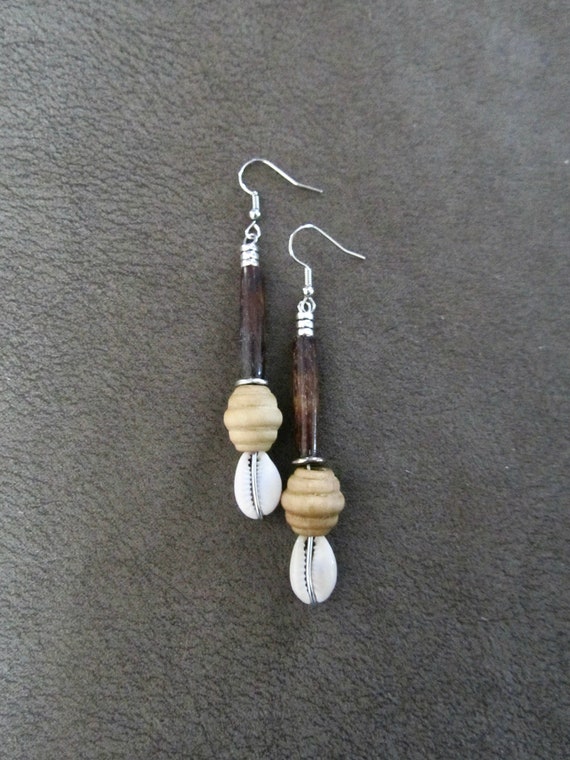 Long cowrie shell and bone earrings