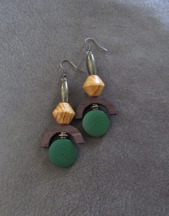 Carved wooden geometric earrings, green