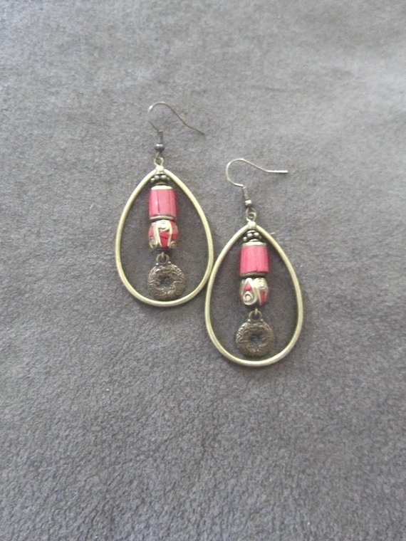 Gemstone inlay Tibetan style bronze hoop earrings 2