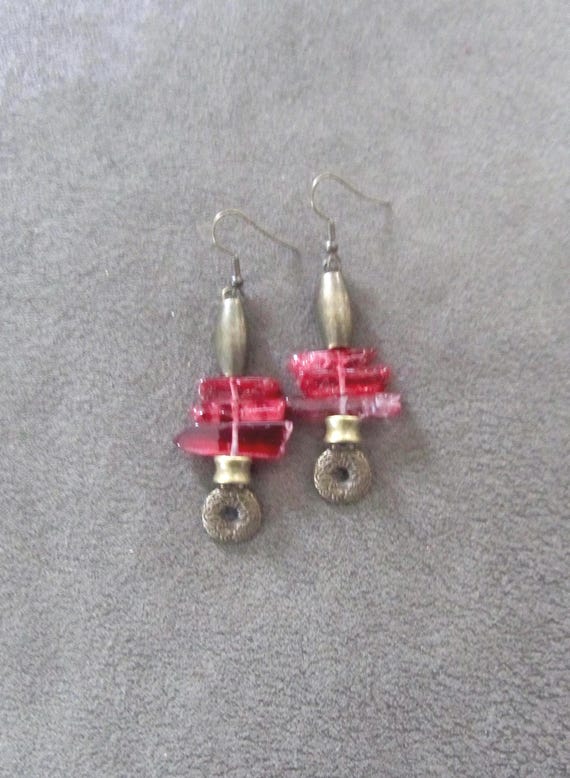 Raw quartz crystal earrings red and bronze