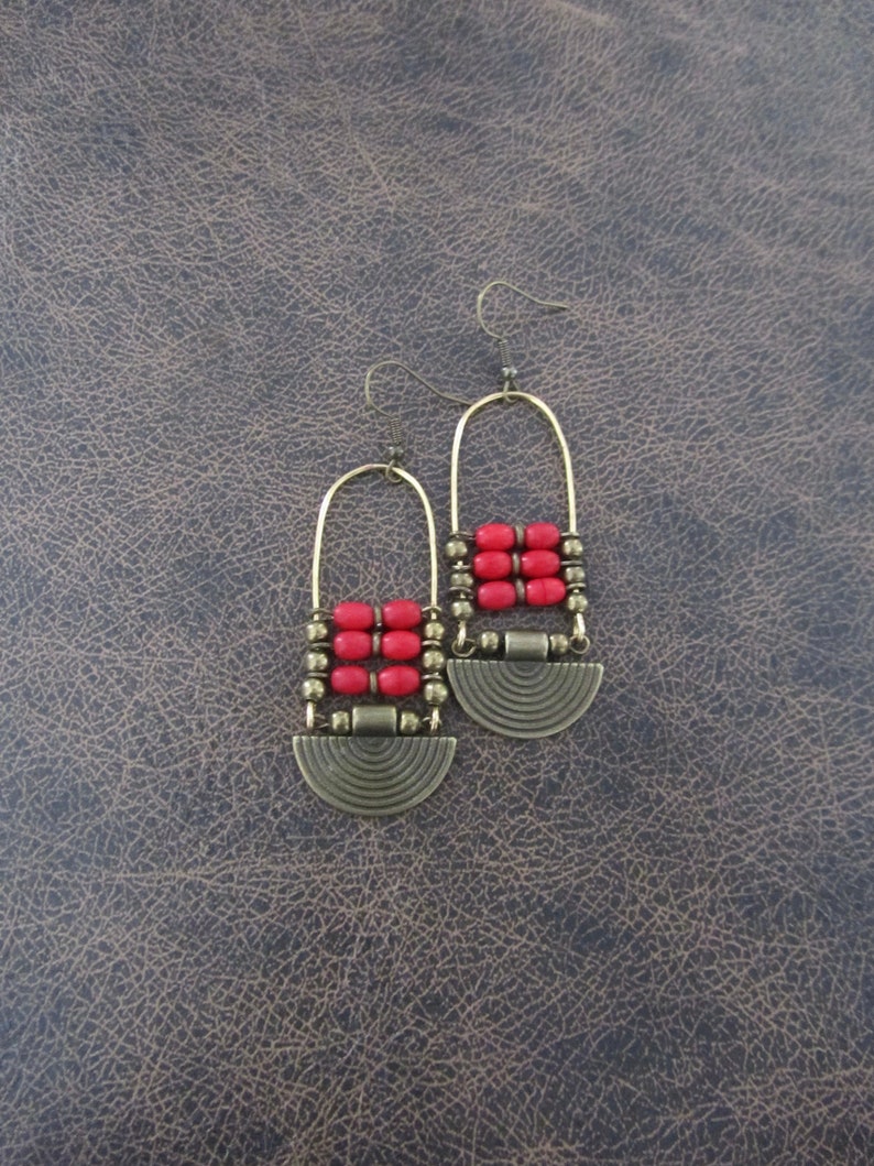 Chandelier earrings, red magnesite stone and bronze, ethnic statement earrings, bold earrings, bohemian boho chic earrings image 1