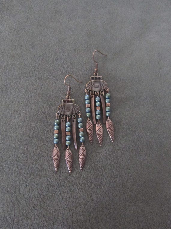 Green hematite and copper ethnic chandelier earrings
