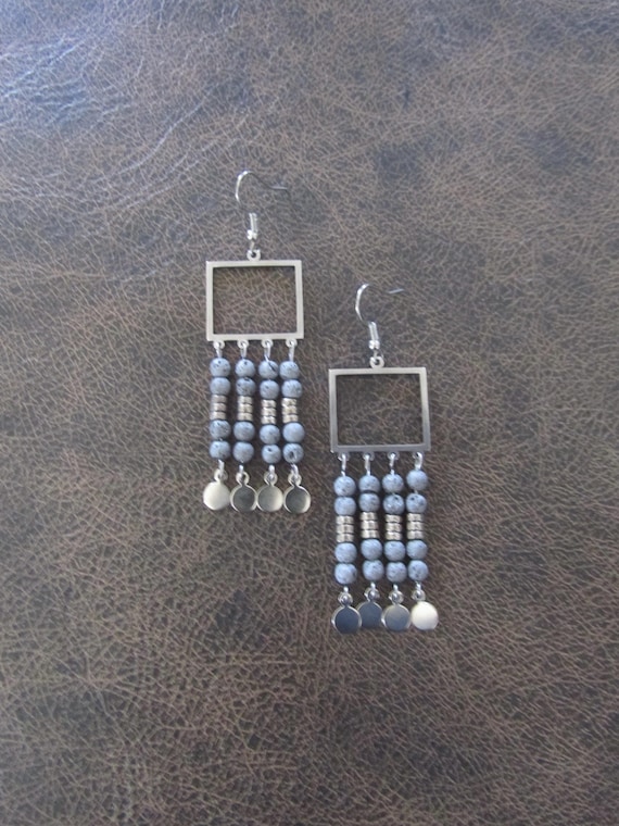 Silver lava rock and silver chandelier earrings 2