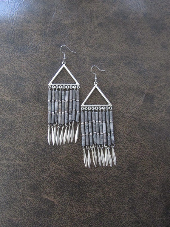 Marble stone and silver chandelier earrings 2