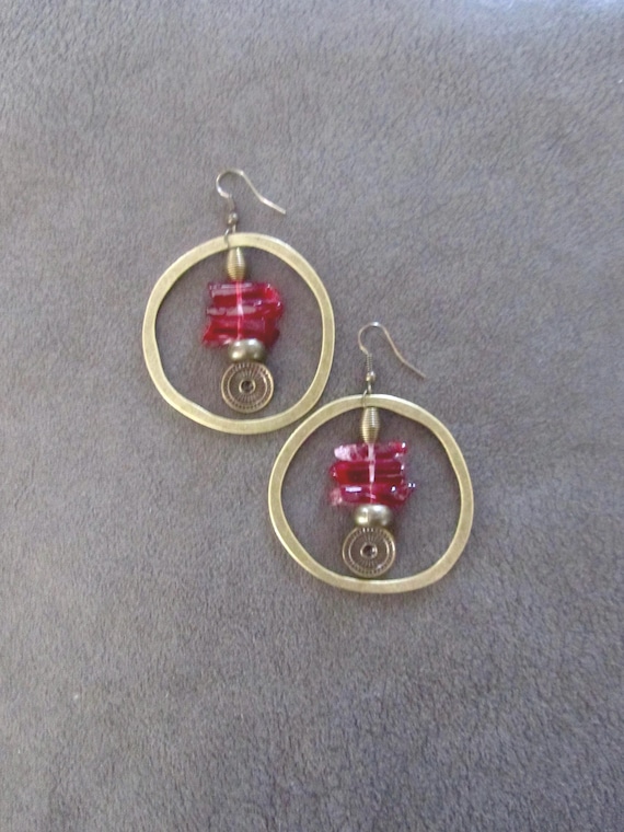 Raw quartz red crystal earrings, rustic boho bronze unique earrings, geode natural bohemian hoop