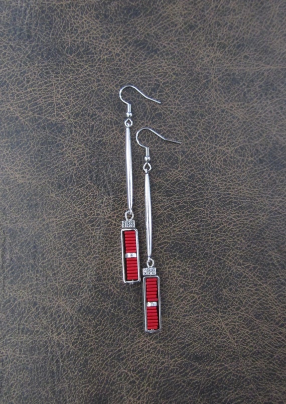 Simple red and silver long silver earrings