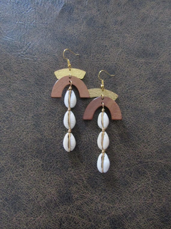 Long cowrie shell geometric earrings