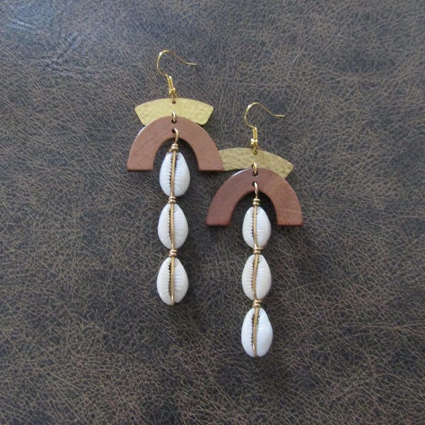 Long cowrie shell geometric earrings