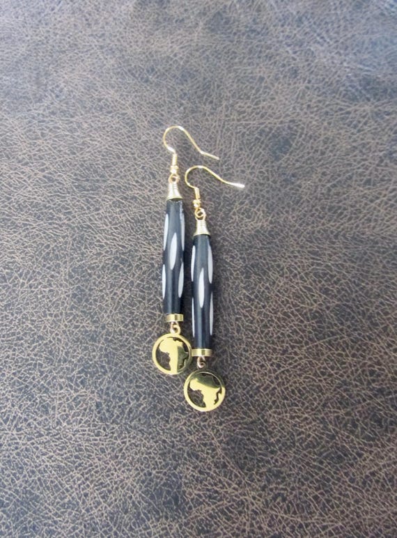 Africa earrings, Afrocentric earrings, batik print earrings, ethnic earrings, carved bone, unique dangle earrings, bone earrings