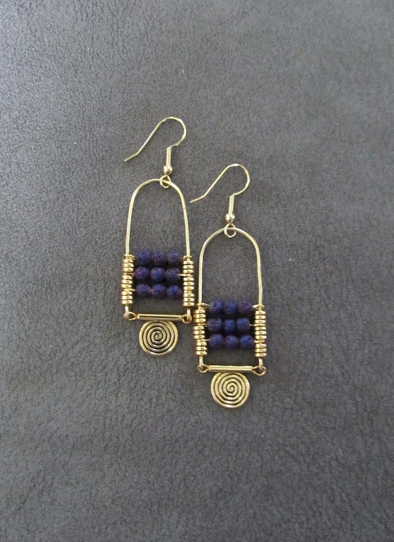 Lava rock chandelier earrings gold and purple