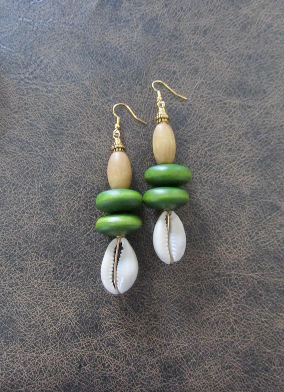 Bold chunky cowrie shell and green wooden earrings