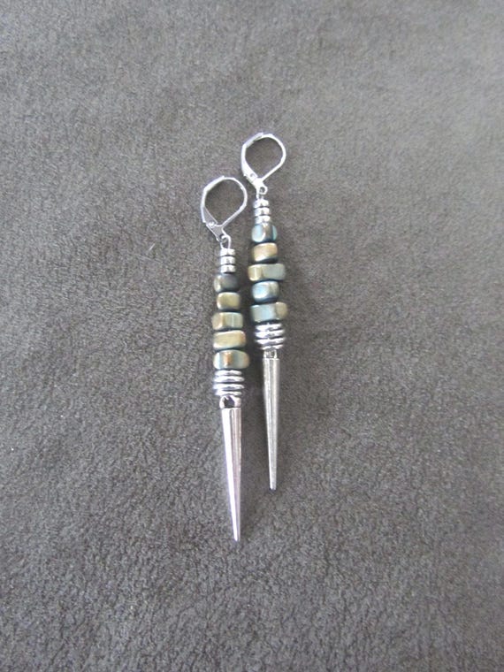 Abstract teal nugget and silver spike earrings