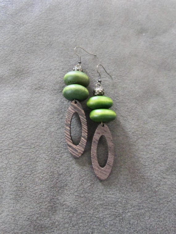 Chunky wooden geometric earrings, green