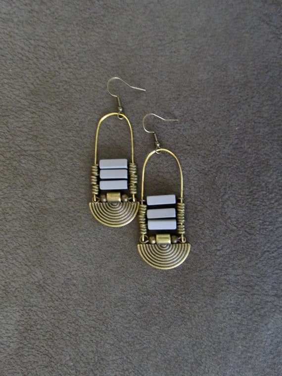 Chandelier earrings, Afrocentric earrings, gray and bronze, ethnic statement earrings, chunky bold earrings, African geometric earrings