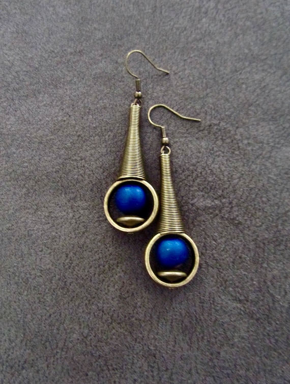 Long blue and bronze earrings, mid century modern earrings, Brutalist earrings, minimalist earrings, electroplated druzy unique artisan