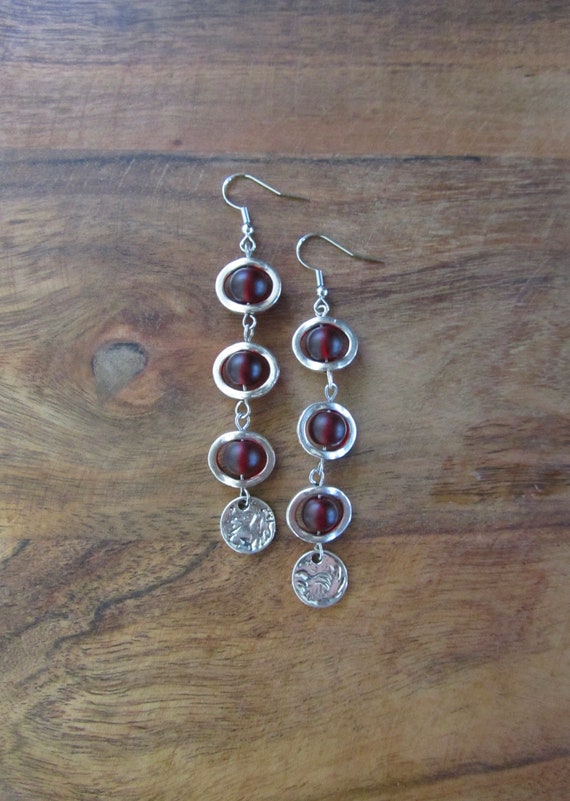 Long red earrings, bohemian earrings, beach earrings, frosted glass earrings, geometric earrings