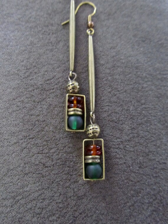 Bronze and glass dangle earrings, artisan ethnic earrings, simple chic