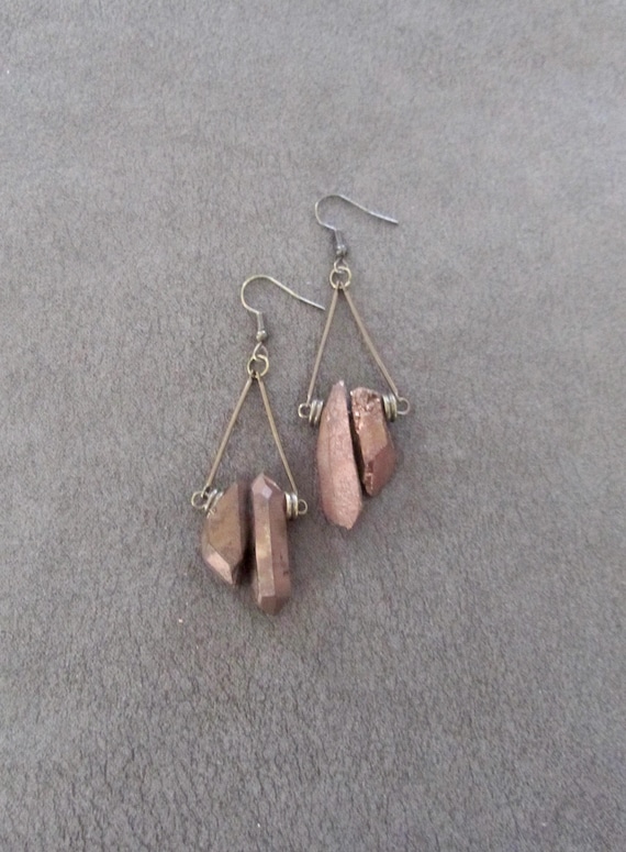 Raw quartz brown crystal earrings, rustic boho bronze unique earrings, geode natural bohemian