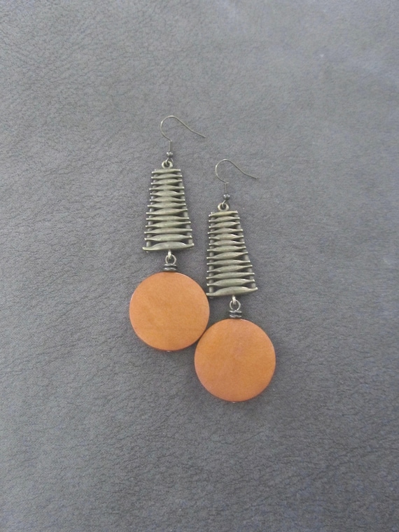 Mid century modern earrings, long rust orange wooden