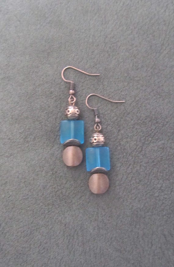 Blue frosted glass and copper earrings