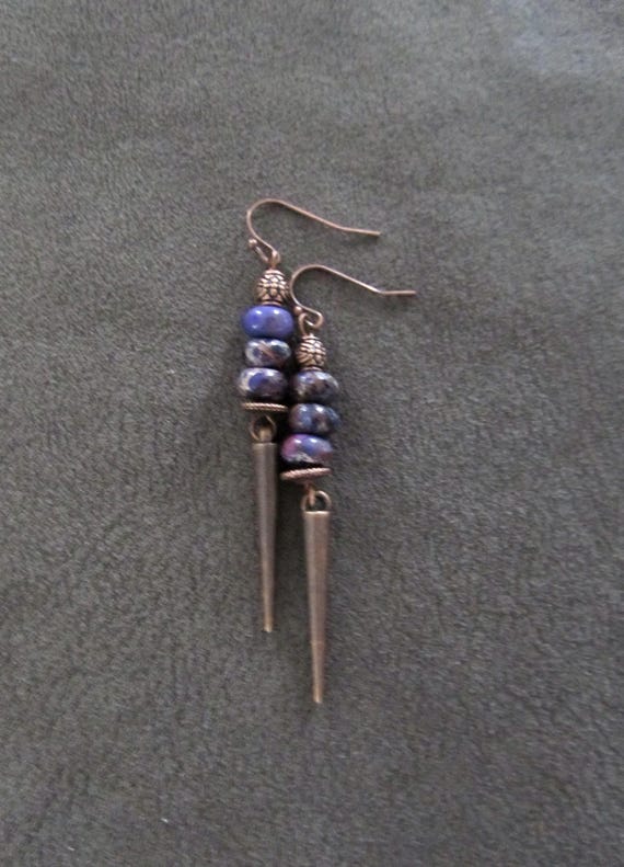 Unique spike and purple stone earrings copper