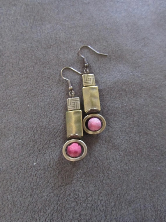 Industrial earrings, red agate and bronze minimalist earrings
