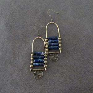 Imperial jasper earrings, blue tribal chandelier earrings, unique ethnic earrings, modern Afrocentric earrings, boho chic earrings