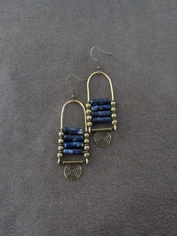 Imperial jasper earrings, blue tribal chandelier earrings, unique ethnic earrings, modern Afrocentric earrings, boho chic earrings