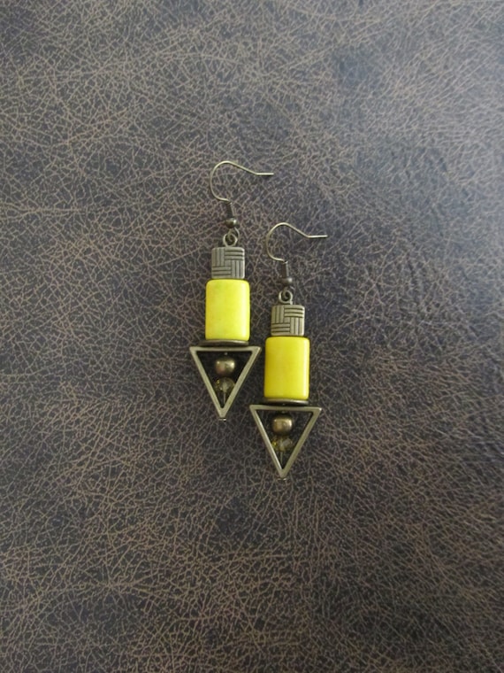 Bohemian dangle earrings, yellow stone earrings, bold statement earrings, unique boho chic earrings, rustic artisan earrings, bronze 7
